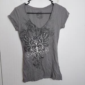 Stranded Top Womens Medium Fitted Y2K Grunge Emo V Neck Gray Graphic Punk